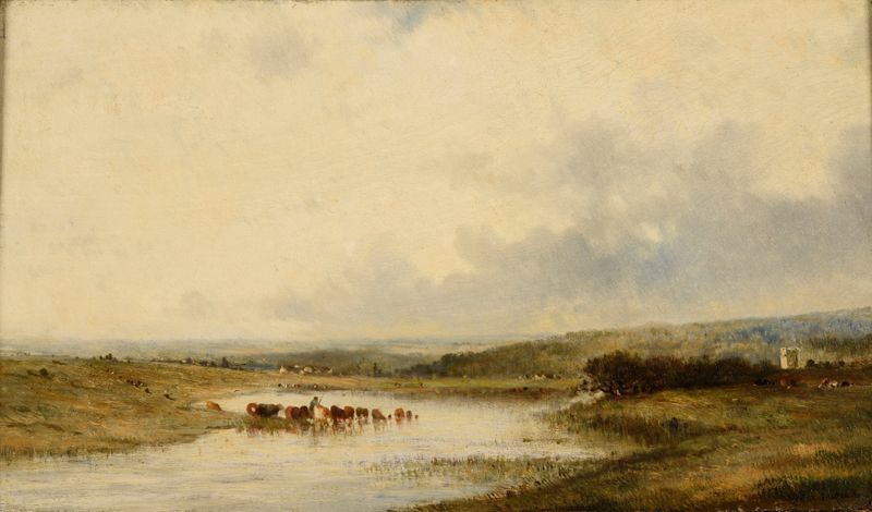 Landscape oil painting by Léon-Victor Dupré featuring trees and soft horizon light.