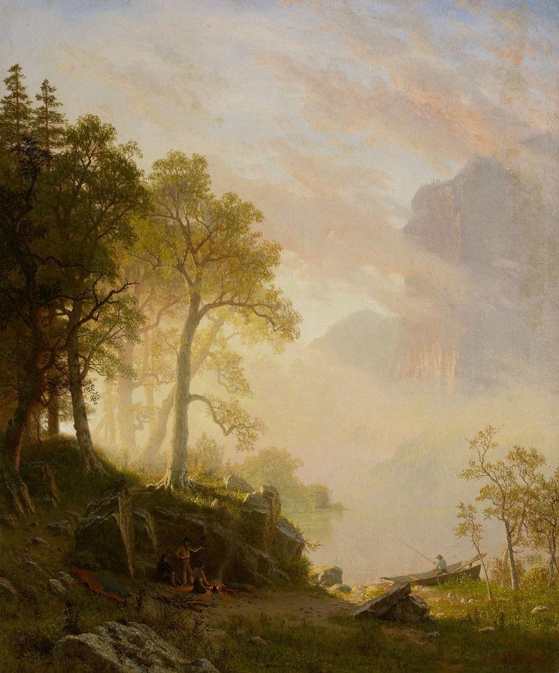 El río Merced en Yosemite de Albert Bierstadt, pintura al óleo de un paisaje fluvial con acantilados de granito.