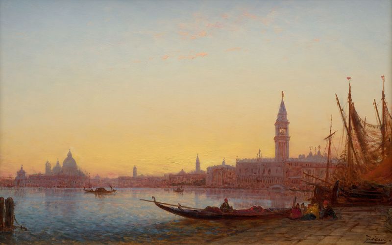 Gondoles dans le Grand Bassin, Venise por Félix Ziem, óleo sobre tela que retrata gôndolas em água calma.