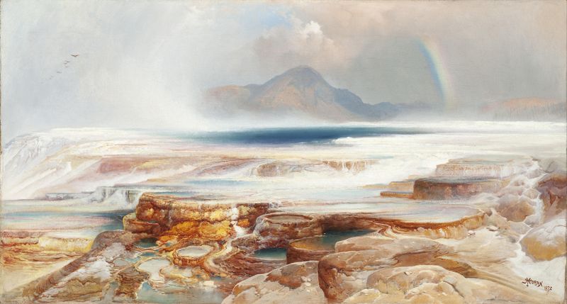 Hot Springs of the Yellowstone, óleo sobre tela de Thomas Moran, com tons de turquesa e âmbar.
