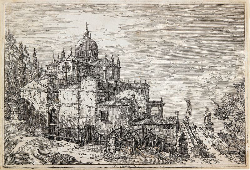 Paisagem com uma Igreja, Casas e um Moinho de Canaletto, pintura a óleo