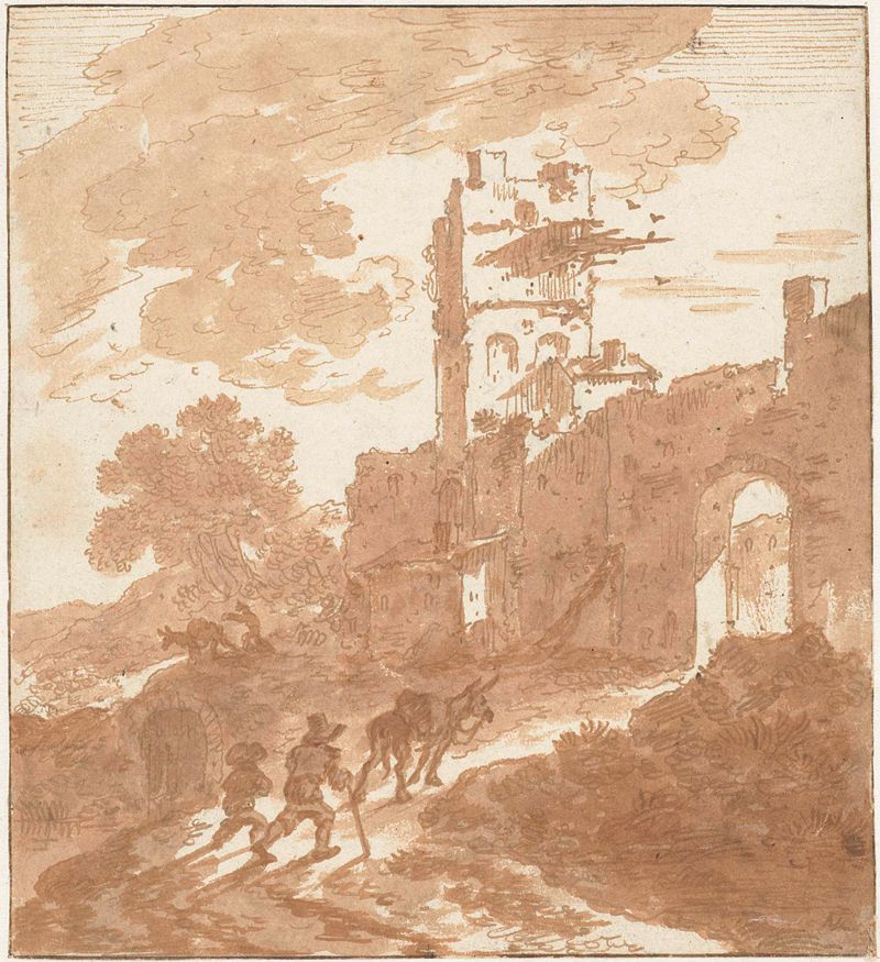 Paisagem italiana com um caminho levando a um portão da cidade, óleo sobre tela de Adriaen van der Kabel.