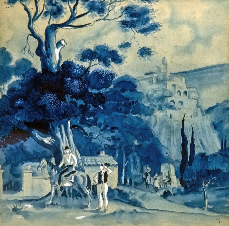 Spanish landscape by Georges Gaudion, impressionism, depicting lush greenery and vibrant colors.