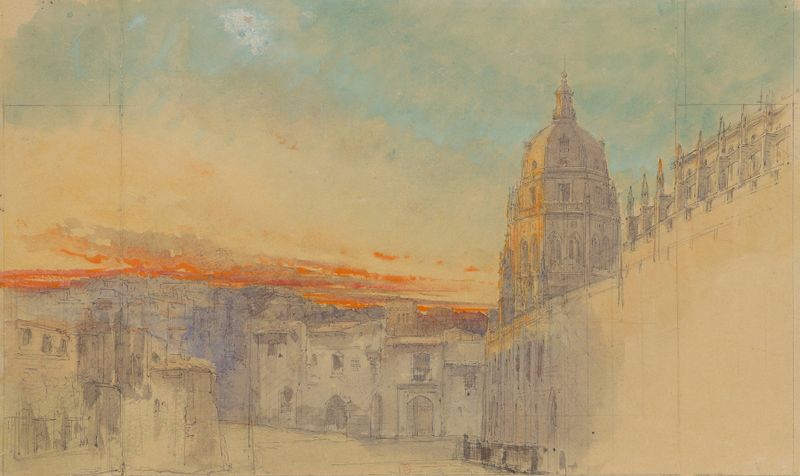 La Sorcière de Alexandre Bailly, tinta sobre papel, apresenta uma paisagem urbana com uma cúpula de igreja proeminente.