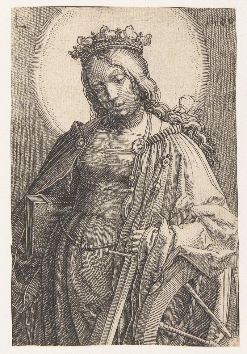 Gravura de De heilige Catharina de Lucas van Leyden, retratando uma santa em uma túnica
