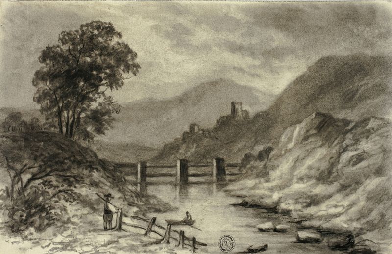 Montaña Arroyo con Barco de Elizabeth Murray, óleo sobre lienzo, que representa un arroyo tranquilo y un barco en un bosque.