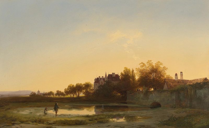 oil painting by Ignaz Raffalt depicting an angler by a castle pond at dusk