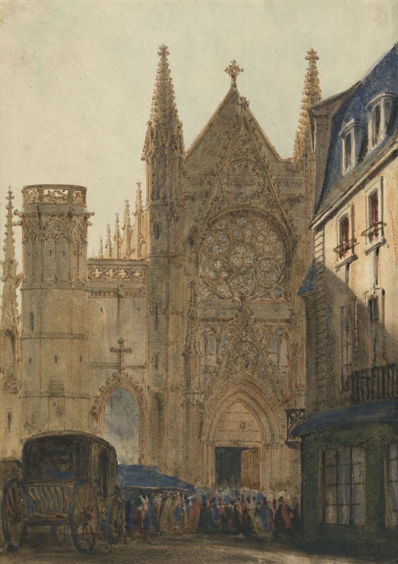 The Cathedral of St. Pierre, Caen by Ambrose Poynter, oil on canvas, showcasing soaring spires against a blue sky.
