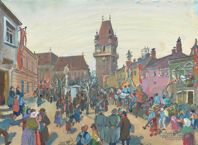 Paisaje con figuras y luz dorada, óleo sobre lienzo de Oskar Laske