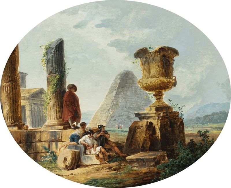 Paisagem com soldados e uma pirâmide, óleo de Hubert Robert