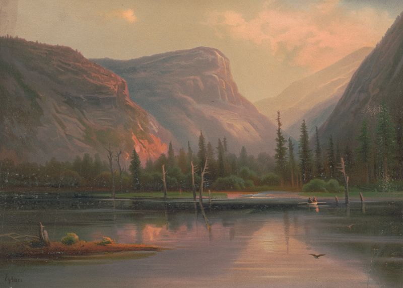 Pintura a óleo Mirror Lake de Edmund Foerster & Co. com reflexos de árvores.