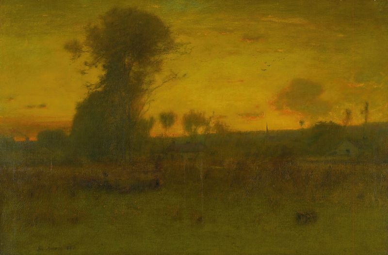 Pintura a óleo de George Inness mostrando um rio ao crepúsculo com cores suaves