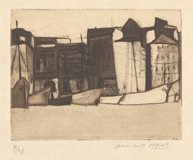 Marseille. Bateaux à quai de Armand Apol, óleo sobre lienzo que representa barcos en un puerto.