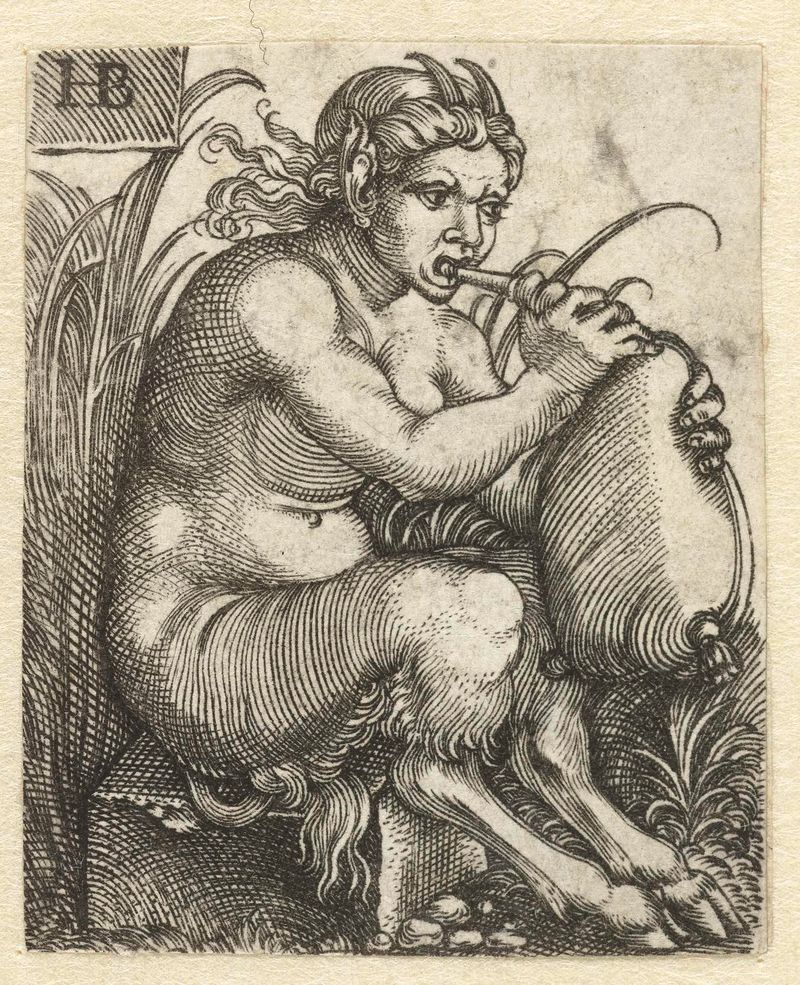 Grabado de una mujer sátiro tocando una gaita, Unknown Artist