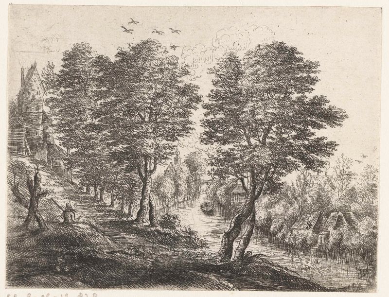 Etching of a seated farmer in a landscape by Philips Augustijn Immenraet