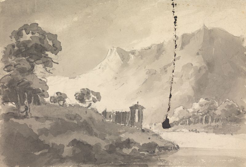 Paisagem com Castelo, Rio e Montanha de William Gilpin, pintura a óleo