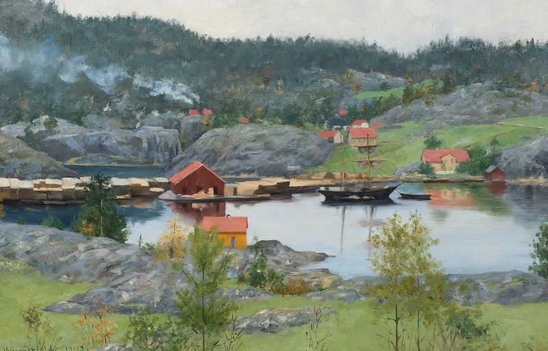 Fiord Landscape by Sofie Werenskiold, oil on canvas depicting a fjord and hills.