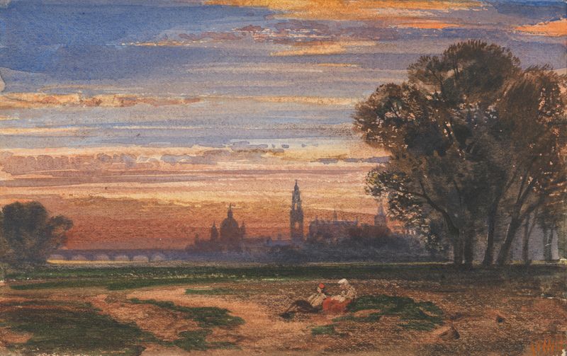 Dresden al atardecer de William Wyld, óleo sobre lienzo que muestra un paisaje urbano al atardecer con techos en silueta
