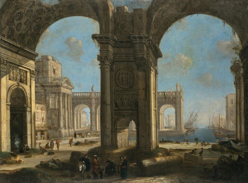 Architectural capriccio with a harbour by Alessandro Salucci, Rococo style, depicting a grand structure by water
