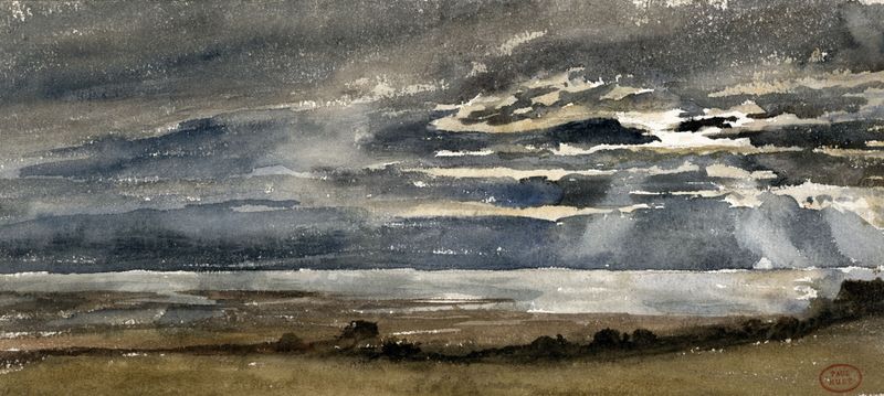 Soleil couchant de Paul Huet, óleo sobre tela que retrata um pôr do sol com nuvens vibrantes.