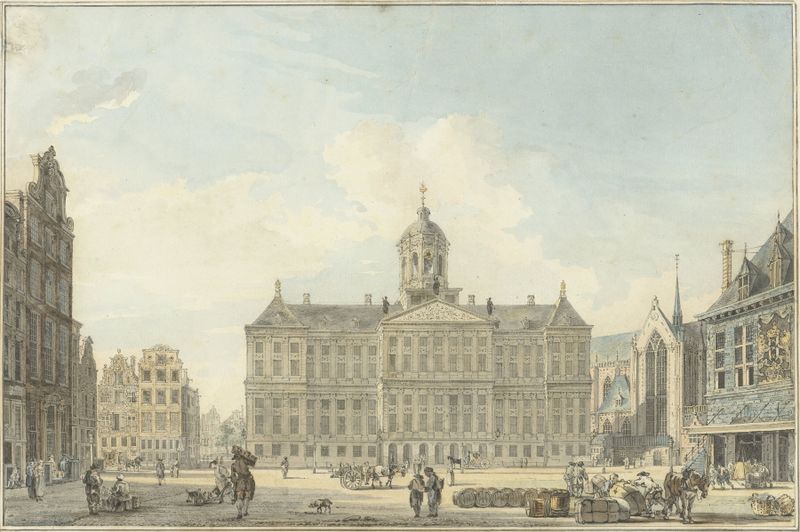 Gravura de Reinier Vinkeles mostrando o Stadhuis e a Waag de Amsterdã