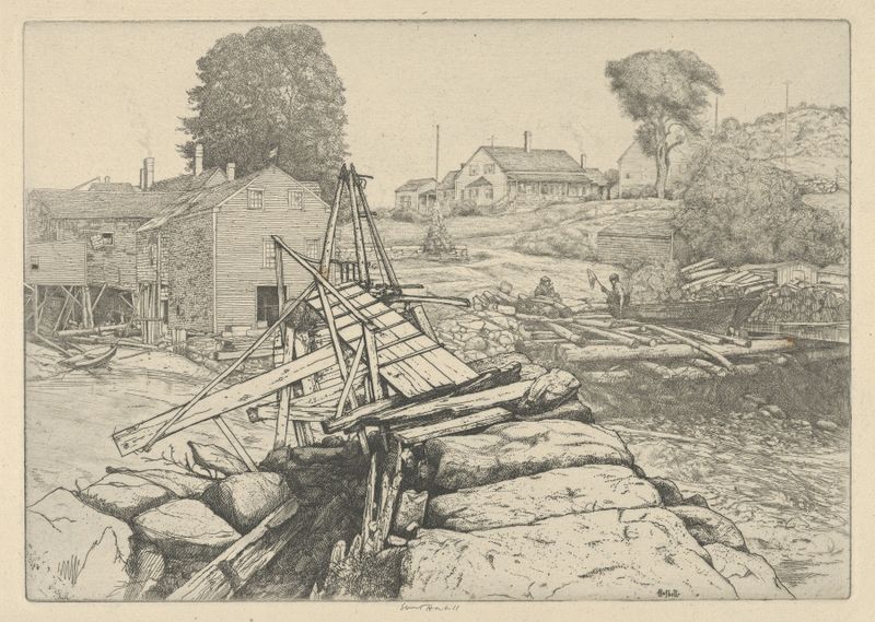 Old Sea Dam de Ernest Haskell, aquarela em papel que retrata penhascos íngremes e mar sereno.