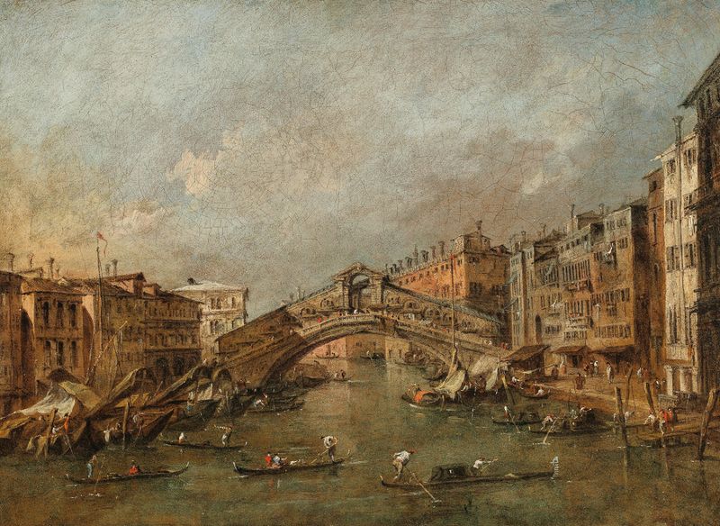 Rococo oil painting by Francesco Guardi depicting the Rialto Bridge in Venice at sunset