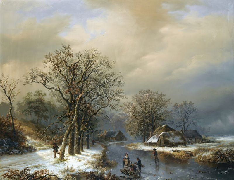 Winter landscape with woodgatherers on ice, oil painting by Willem Bodeman
