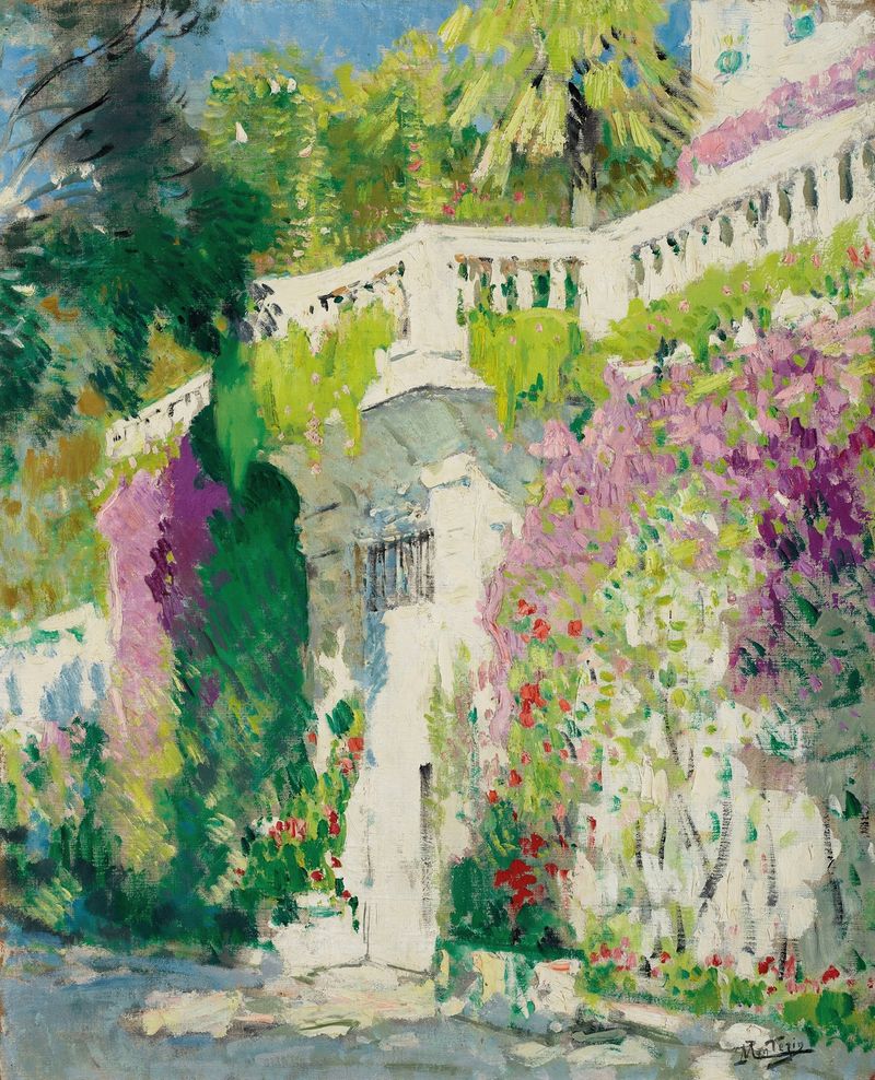 Porte fleurie by Pierre-Eugène Montézin, oil painting featuring a vibrant garden of flowers.