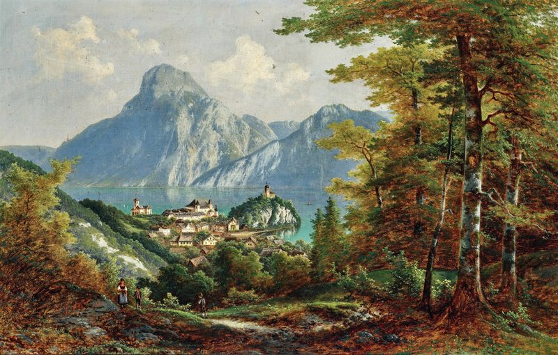 Pintura a óleo de paisagem de Ferdinand Lepie com montanhas e um lago sereno.
