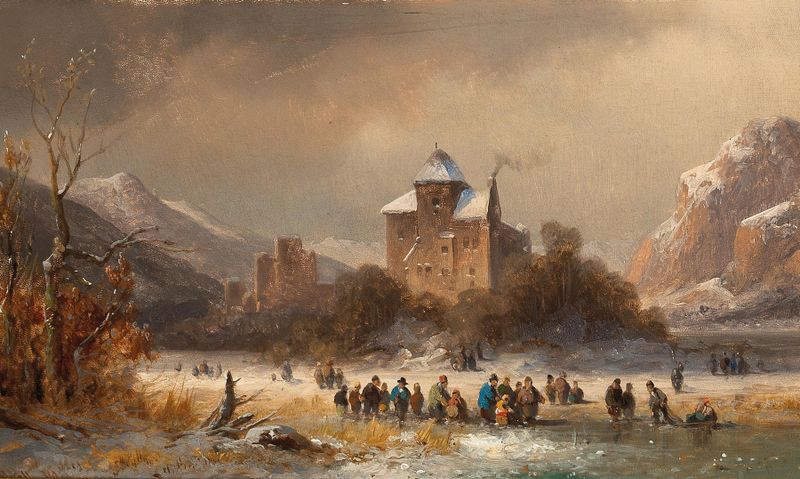 Landscape oil painting by Anton Doll featuring ruins and a stream under a fading sunset.