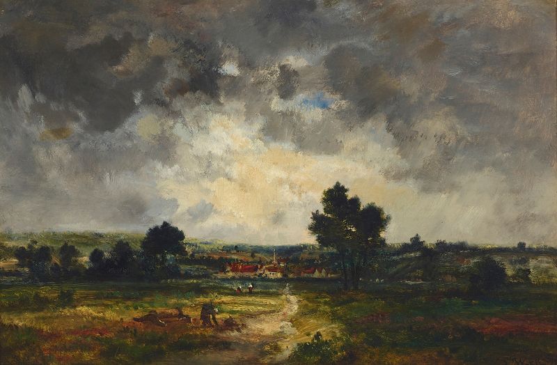 Figuras en un paisaje tormentoso, pintura al óleo de Louis François Victor Watelin