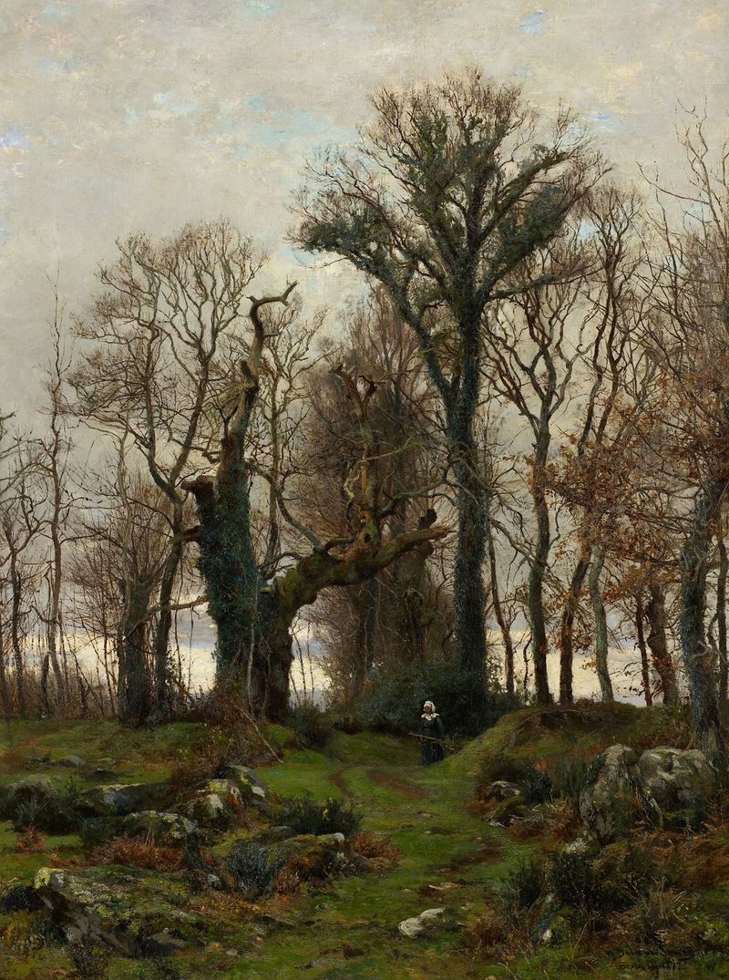 Oil painting by Hugh Bolton Jones depicting a moor landscape in Brittany with lush greenery.