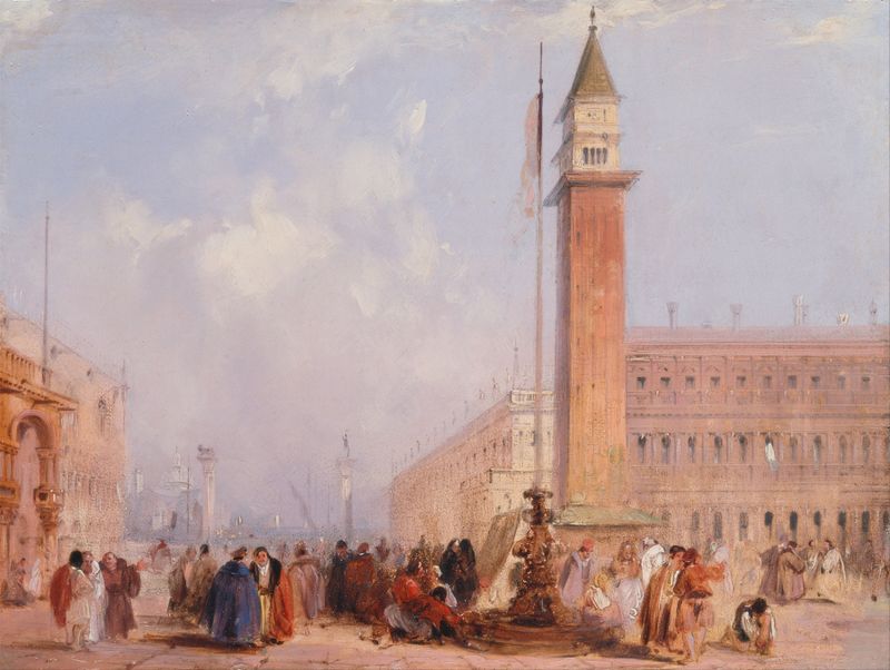 The Piazzetta, Venice by Edward Pritchett, oil painting depicting architecture and golden light.