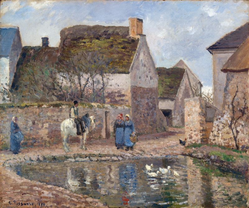 A Pond in Ennery de Camille Pissarro, pintura al óleo que muestra reflexiones serenas en el agua