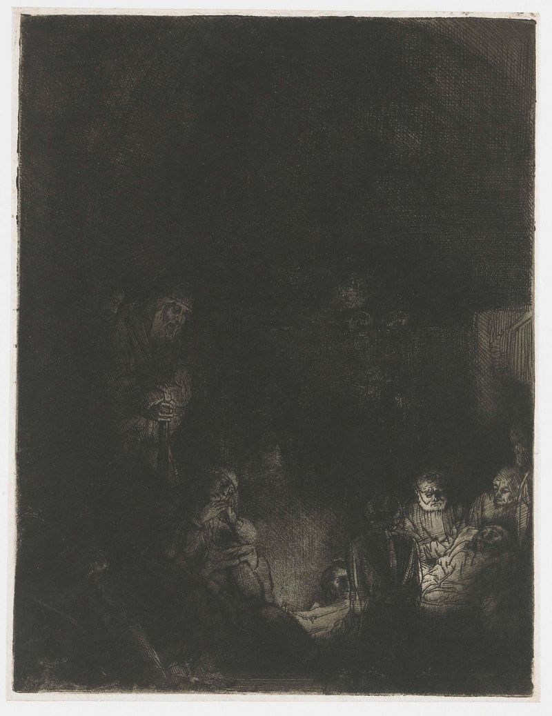 A Sepultura, gravura de Rembrandt van Rijn, mostra o corpo de Cristo cercado por figuras de luto.
