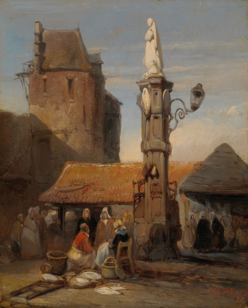 A fish market scene with glistening fish displayed on wooden tables, oil painting by Wijnand Nuijen