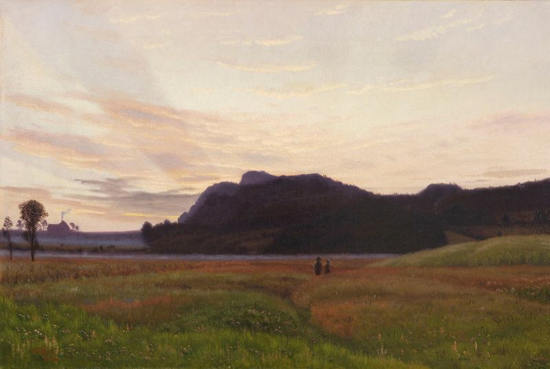 Figurative oil painting by Vilhelm Kyhn depicting a couple in a clover field.