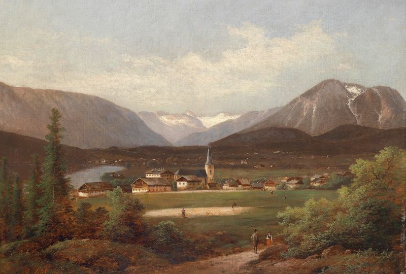 Blick über den Altausseersee, oil on canvas by Ferdinand Lepie, depicting a serene lake and mountains.