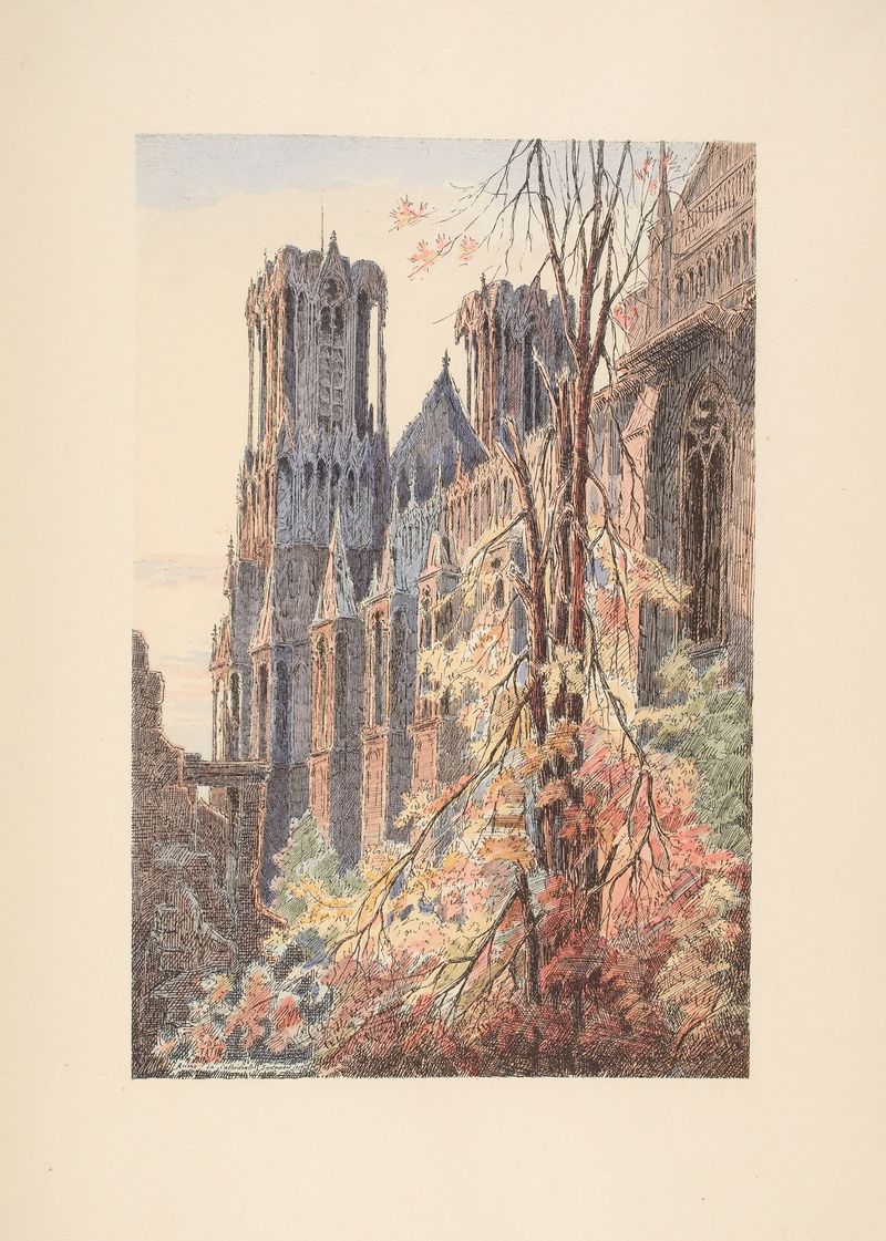 Oil painting by E. Tatin depicting a cathedral amidst ruins at dawn.