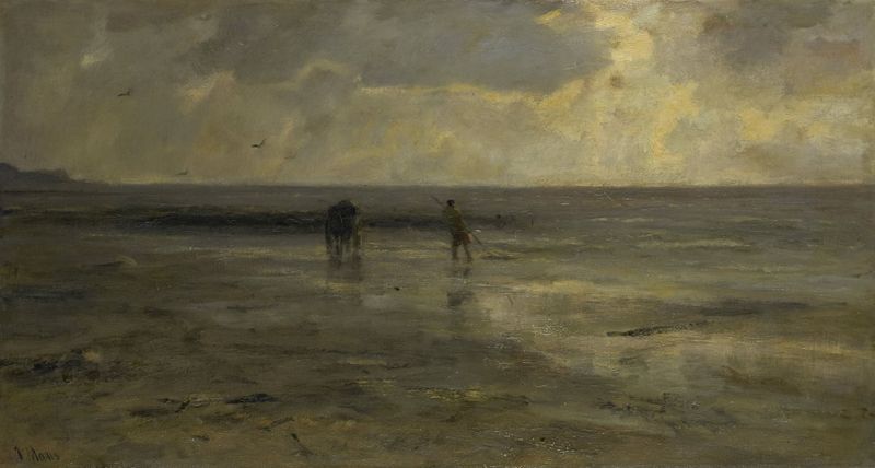 Oil painting by Jacob Maris depicting a sunset over waves and shore.