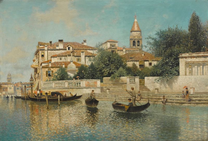 Gondolas on a Venetian canal, oil on canvas by Henry Pember Smith