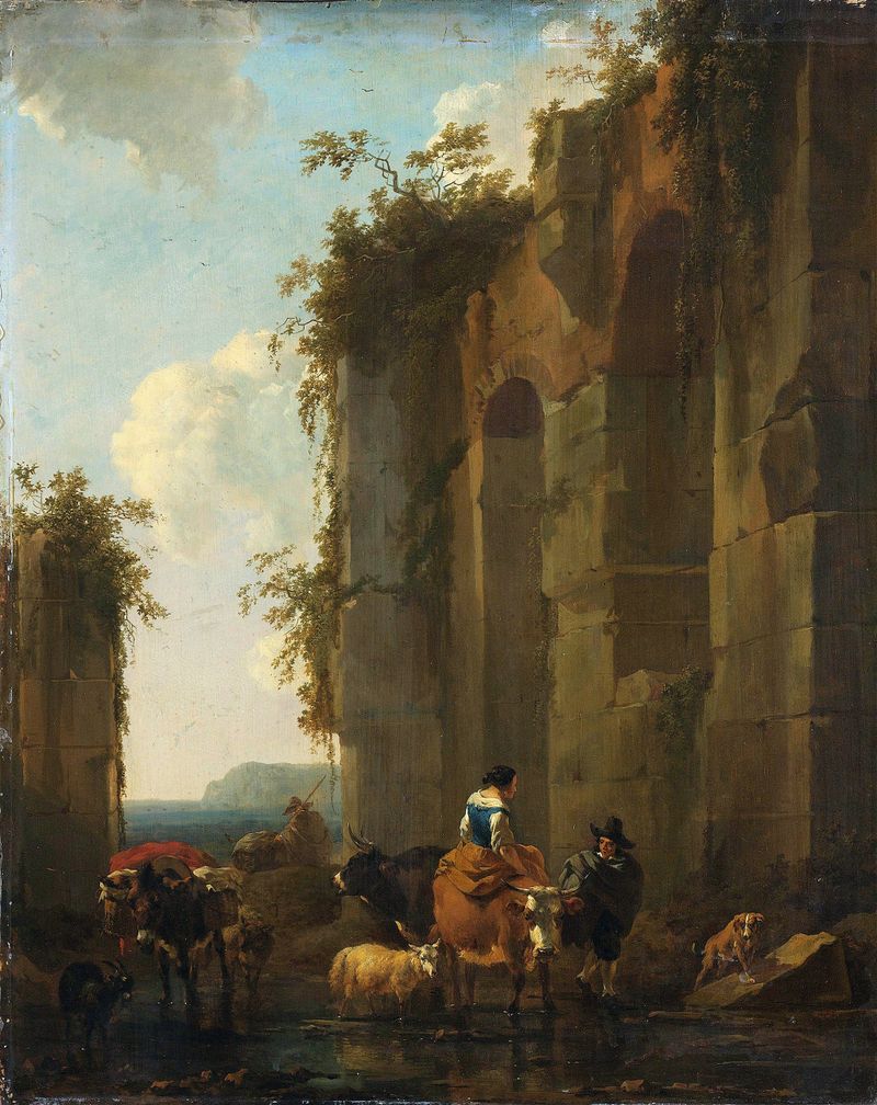 Ruins in Italy by Nicolaes Pietersz Berchem, oil on canvas depicting crumbling columns and golden light