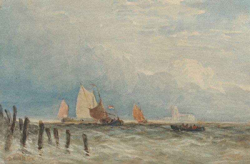 Paisagem marinha com barcos de pesca e águas cintilantes, pintura a óleo de David Cox