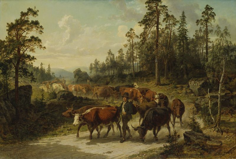 Driving Cattle in Småland by Nils Andersson, oil painting depicting cattle in a landscape.