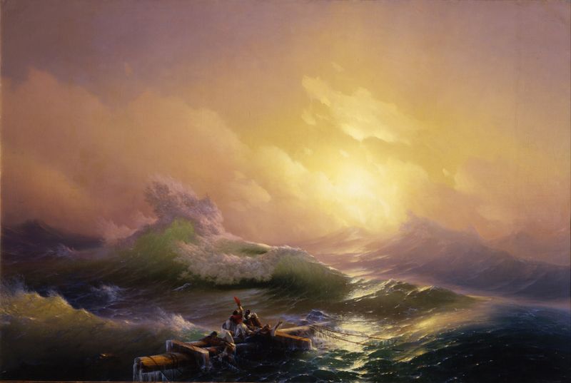 The Ninth Wave by Ivan Aivazovsky, oil painting depicting turbulent sea waves.