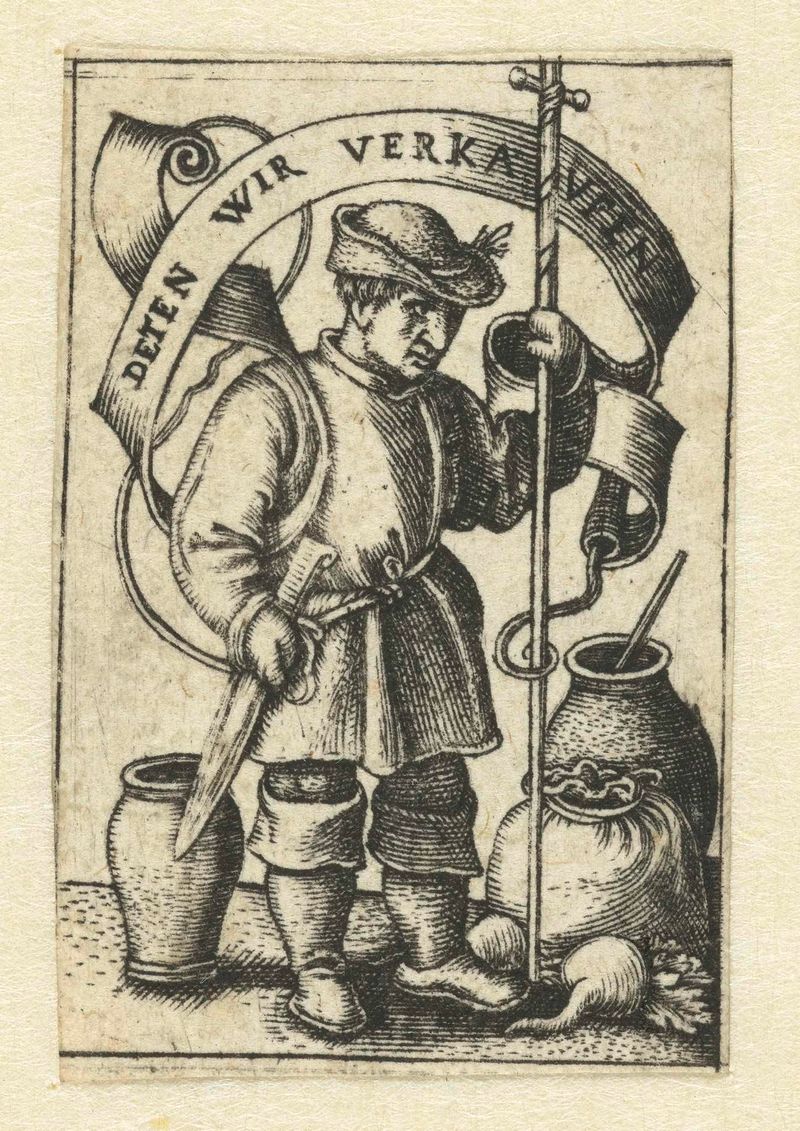 Engraving by Unknown Artist depicting a farmer selling produce at a market