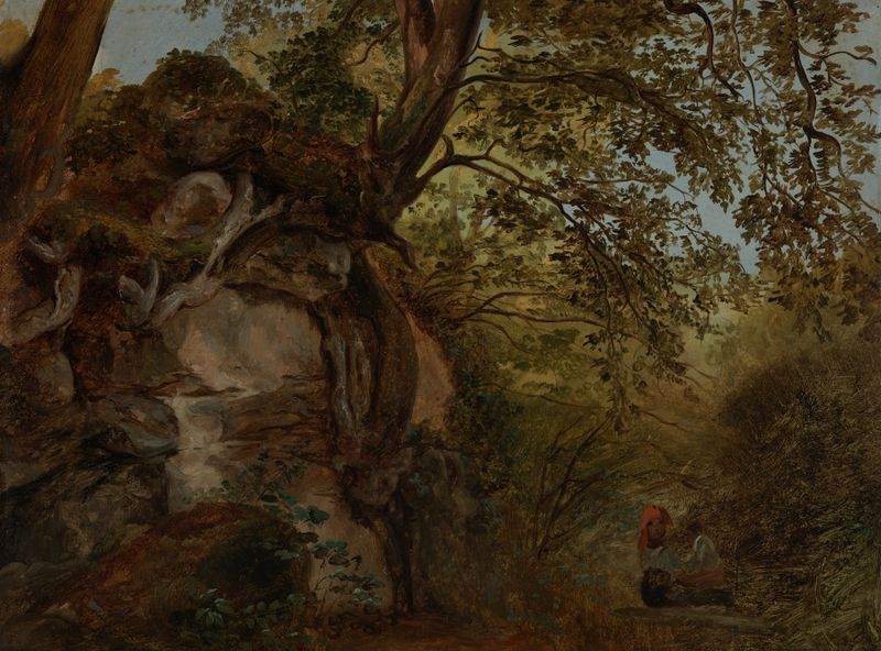 Forest landscape with sunlight filtering through leaves, oil painting by Johann Baptist Kirner