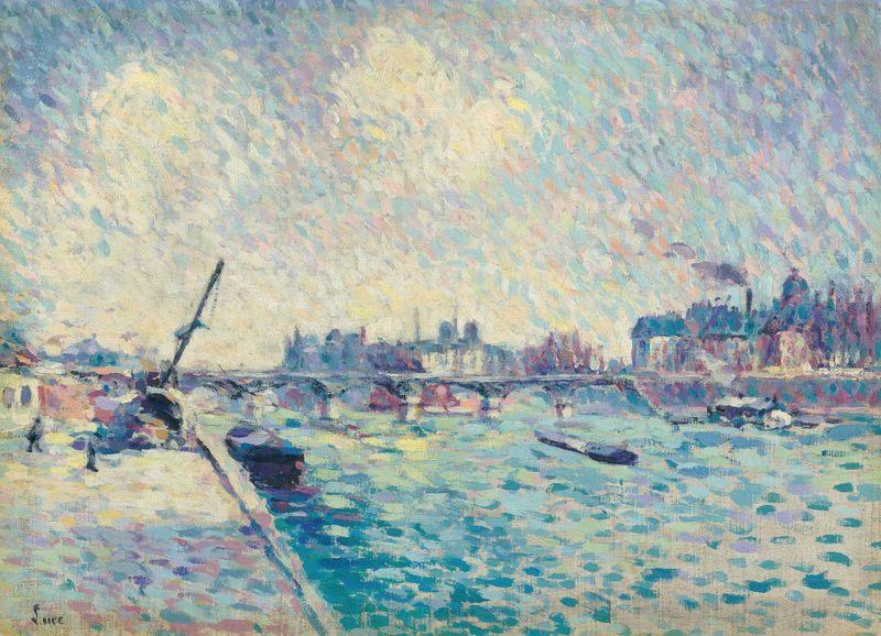 Post-Impressionism oil painting by Maximilien Luce depicting the Seine and Notre-Dame at twilight