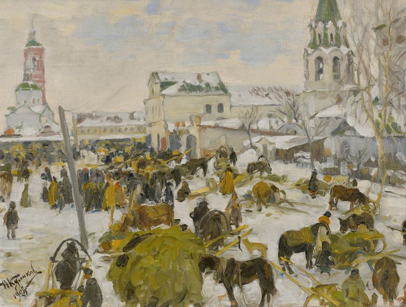 Murom City Square de Ivan Semenovich Kulikov, óleo sobre lienzo que representa una plaza con luz cálida.
